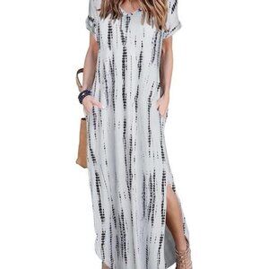 Arolina Boho Cream & Blue Abstract Short Sleeve V Neck Maxi Dress Size Small